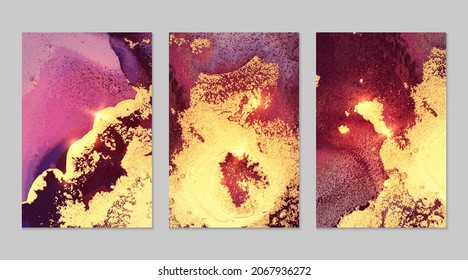 Set of marble patterns. Gold, purple and red geode textures with glitter. Abstract vector background in alcohol ink technique. Modern paint with sparkles. Backdrops for banner, poster. Fluid art