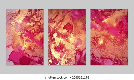 Set of marble patterns. Magenta and gold geode textures with glitter. Abstract vector background in alcohol ink technique. Modern paint with sparkles. Backdrops for banner, poster. Fluid art