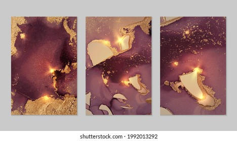 Set of marble patterns. Maroon and gold geode textures with glitter. Abstract vector background in alcohol ink technique. Modern paint with sparkles. Backdrops for banner, poster. Fluid art