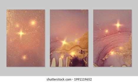 Set of marble patterns. Pink, mauve and gold geode textures with glitter. Abstract vector background in alcohol ink technique. Modern paint with sparkles. Backdrops for banner, poster. Fluid art