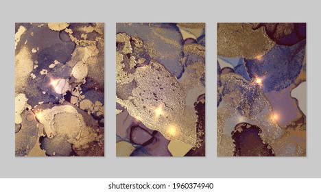 Set of marble patterns. Purple, blue and gold geode textures with glitter. Abstract vector background in alcohol ink technique. Modern paint with sparkles. Backdrops for banner, poster. Fluid art