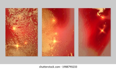 Set of marble patterns. Red, gray and gold geode textures with glitter. Abstract vector background in alcohol ink technique. Modern paint with sparkles. Backdrops for banner, poster. Fluid art