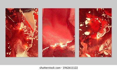 Set Of Marble Patterns. Scarlet Red And Gold Geode Textures With Glitter. Abstract Vector Background In Alcohol Ink Technique. Modern Paint With Sparkles. Backdrops For Banner, Poster. Fluid Art