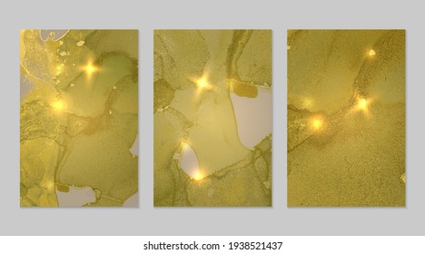 Set of marble patterns. Yellow green and gold geode textures with glitter