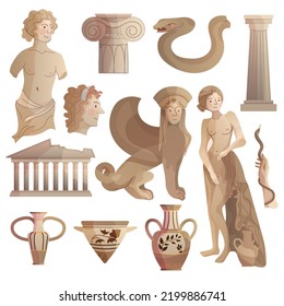 Set of marble statues and architecture. Ancient Greece, snakes, hand, columns, vases, amphorae, mythical creatures, faces, female sculptures