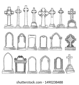 Set of marble stones Christ cross drawings and tombstones. Symbol of Jesus, death, cemetery, Christianity, religion, faith and resurrection. Drawn isolated illustration on white background. Vector.