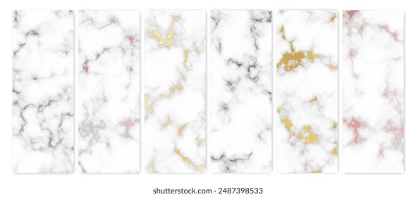 Set of marble texture backgrounds. Set of six different abstract backdrops of marble granite stone. Vector illustration