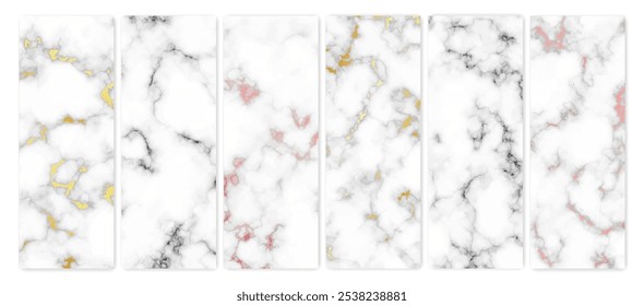 Set of marble texture backgrounds. Set of six different abstract backdrops of marble granite stone. Vector illustration