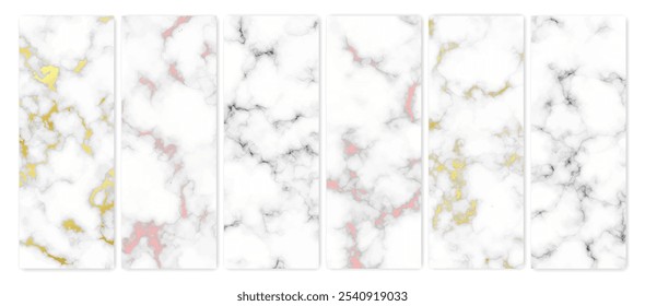 Set of marble texture backgrounds. Set of six different abstract backdrops of marble granite stone. Vector illustration