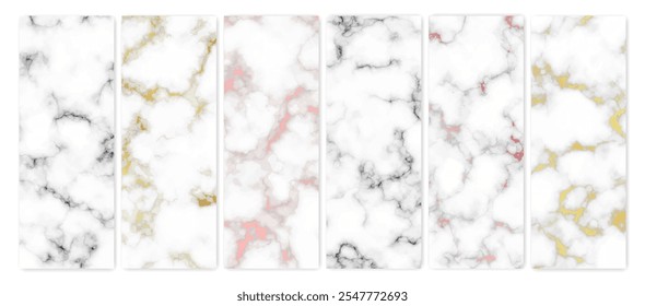 Set of marble texture backgrounds. Set of six different abstract backdrops of marble granite stone. Vector illustration