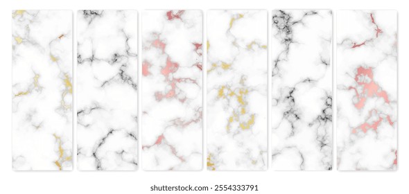Set of marble texture backgrounds. Set of six different abstract backdrops of marble granite stone. Vector illustration