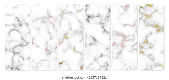 Set of marble texture backgrounds. Set of six different abstract backdrops of marble granite stone. Vector illustration