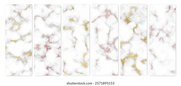 Set of marble texture backgrounds. Set of six different abstract backdrops of marble granite stone. Vector illustration