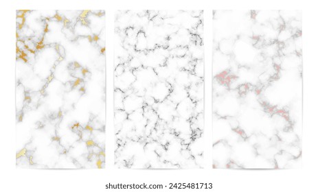 Set of marble texture backgrounds. Set of three different abstract backdrops of marble granite stone. Vector illustration