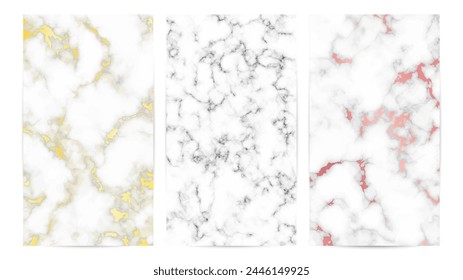 Set of marble texture backgrounds. Set of three different abstract backdrops of marble granite stone. Vector illustration