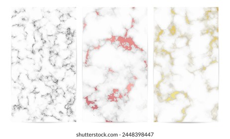 Set of marble texture backgrounds. Set of three different abstract backdrops of marble granite stone. Vector illustration