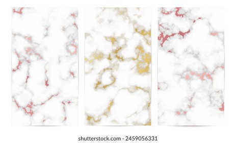 Set of marble texture backgrounds. Set of three different abstract backdrops of marble granite stone. Vector illustration