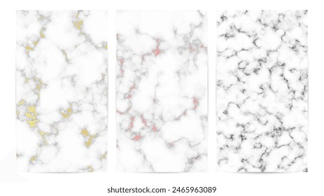 Set of marble texture backgrounds. Set of three different abstract backdrops of marble granite stone. Vector illustration