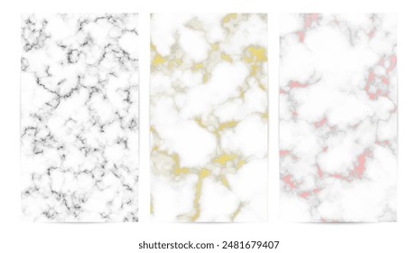 Set of marble texture backgrounds. Set of three different abstract backdrops of marble granite stone. Vector illustration