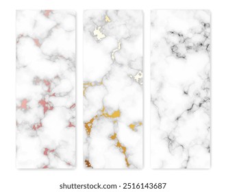 Conjunto de fundos de textura de mármore. Conjunto de três diferentes cenários abstratos de mármore granito pedra. Ilustração vetorial