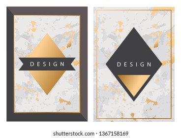 Set marble texture with gold foil and frame. Geometric brochure. Vector illustration design.