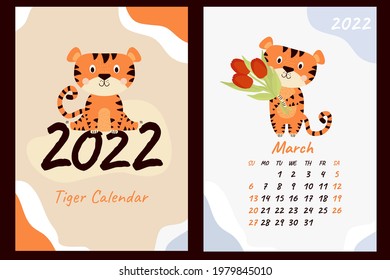 Set of March 2022 calendar and cover. Cute tiger cub with bouquets of flowers - tulips. Year of the Tiger in Chinese or oriental. Vector illustration. Vertical A4 template. Week starts on Sunday