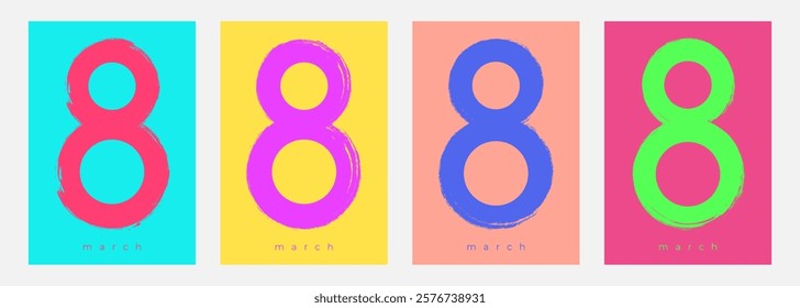 Set of March 8 festive graphic templates for International Women's Day holiday greetings. Number 8 brush stroke. Vector illustration.