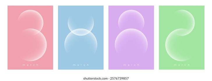 Set of March 8 festive graphic templates for International Women's Day holiday greetings. White color gradient round shapes. Vector illustration.