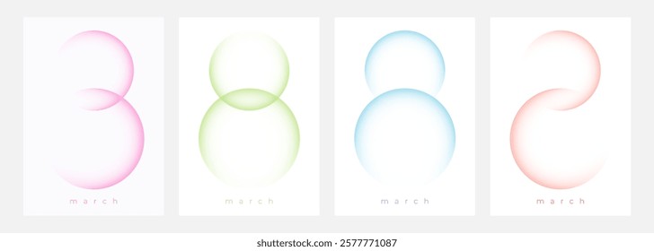 Set of March 8 festive graphic templates for International Women's Day holiday greetings. Soft color gradient round shapes. Vector illustration.