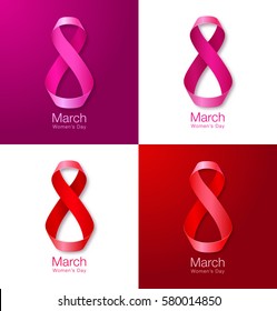 Set of March 8 - Womens Day Paper Design of greeting card templates. International Women's day Realistic symbol of red ribbon isolated on white background. Vector illustration.