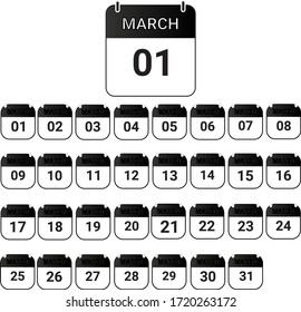 Set of March month calendar, use for UI, Web. Vector Illustration.
