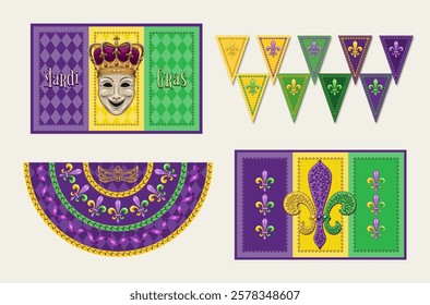 Set of Mardi Gras banners, flags, pennants with comedy face mask, harlequin ornament, beads, Fleur de Lis symbol. Traditional holiday colors. Vintage style