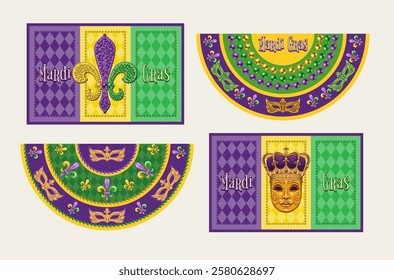 Set of Mardi Gras banners, flags, bunting with masks, harlequin ornament, beads, Fleur de Lis symbol, text, holiday caption. Traditional holiday colors. Vintage style