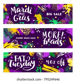 Set of Mardi Gras banners. Hand drawn Fat Tuesday phrases. Artistic colorful background. Trendy abstract design.