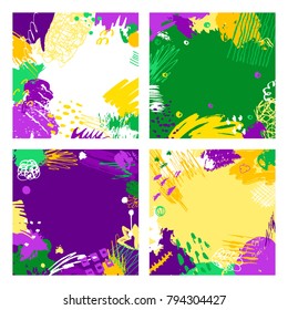 Set of Mardi Gras cards. Hand drawn Fat Tuesday backgrounds. Artistic colorful banners. Trendy abstract design.