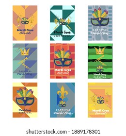 set of Mardi Gras carnival celebration concept banner with beautiful venetian mask, balloons, symbols, party horns decoration, Vector illustration