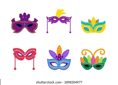 set of mardi gras carnival party colorful masks with feathers. Fat tuesday, carnival, festival. Vector isolated on white background. For greeting card, banner, gift packaging, poster.  
