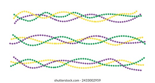 Set of Mardi Gras decorative elements - beads border line, beaded jewelry. Festive vector illustrations isolated on white background, for holidays invitations. Beads and Throws. 