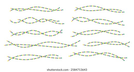 Set of Mardi Gras decorative elements - beads border line, beaded jewelry. Festive vector illustrations isolated on white background, for holidays invitations. Beads and Throws. 