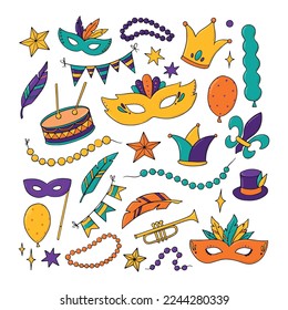 Set of Mardi Gras doodles, clip art, decorative elements for prints, stickers, icons, prints, cards, magnets, sublimation, etc. EPS 10