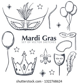 Set of Mardi gras elements. Masquerade. Fat tuesday, festival. Vector illustration