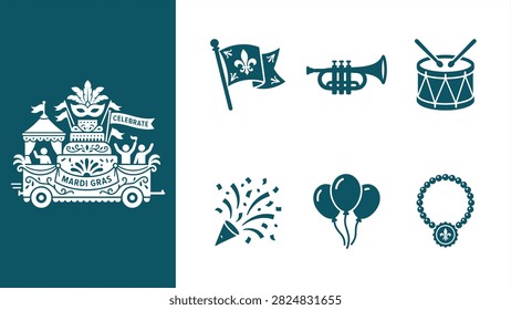 Set of Mardi Gras festive celebration icons featuring parade float instruments and party decorations. Flat vector illustration.