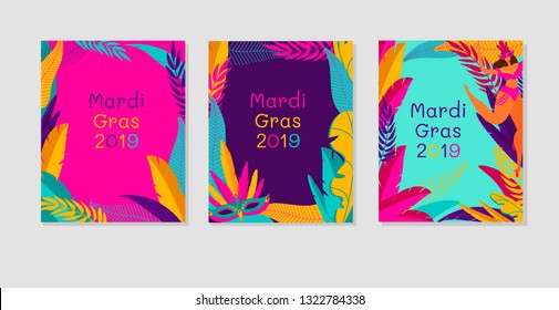 Set of Mardi Gras flyer, poster or party invitation template decorated by exotic palm leaves,women and masks. Flat vector illustration for holiday celebration, masquerade or carnival announcement.