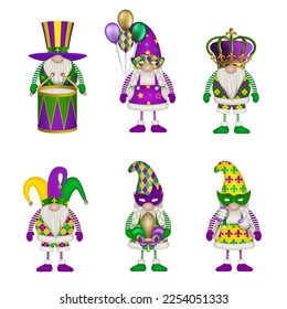 set of mardi gras gnomes. collection of funny gnomes with party elements