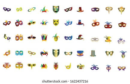 Set of mardi gras icons. Masks, harlequin hats and decorated hats - Vector