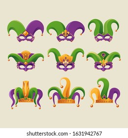 Set of Mardi Gras Jester Hat Vector Illustration