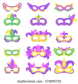 Set with mardi gras mask with color feather. Bundle with icon colorful props for carnival or theater