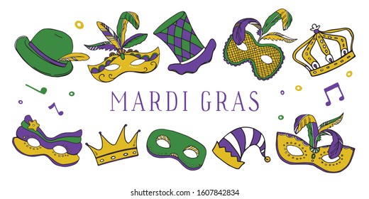 Set of Mardi Gras masks, hats and crowns. Hand drawn vector color illustration