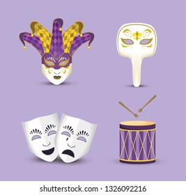 set mardi gras masks with joker hat and drum