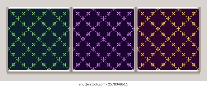 Set of Mardi Gras monochrome geometric patterns with Fleur de Lis symbol, beads in traditional colors green, purple, yellow. Diagonal classic square grid.